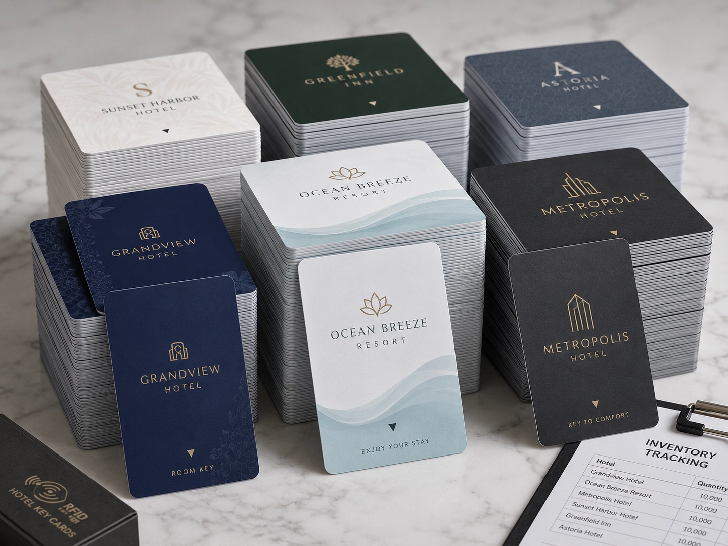 Custom printed hotel RFID key cards with modern branding stacked neatly, representing high-volume hotel inventory management. Custom printed hotel RFID key cards with modern branding stacked neatly, representing high-volume hotel inventory management.
