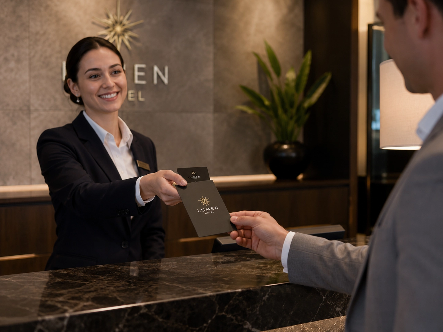 A branded hotel key card packet sleeve being handed to a guest at a hotel front desk A branded hotel key card packet sleeve being handed to a guest at a hotel front desk